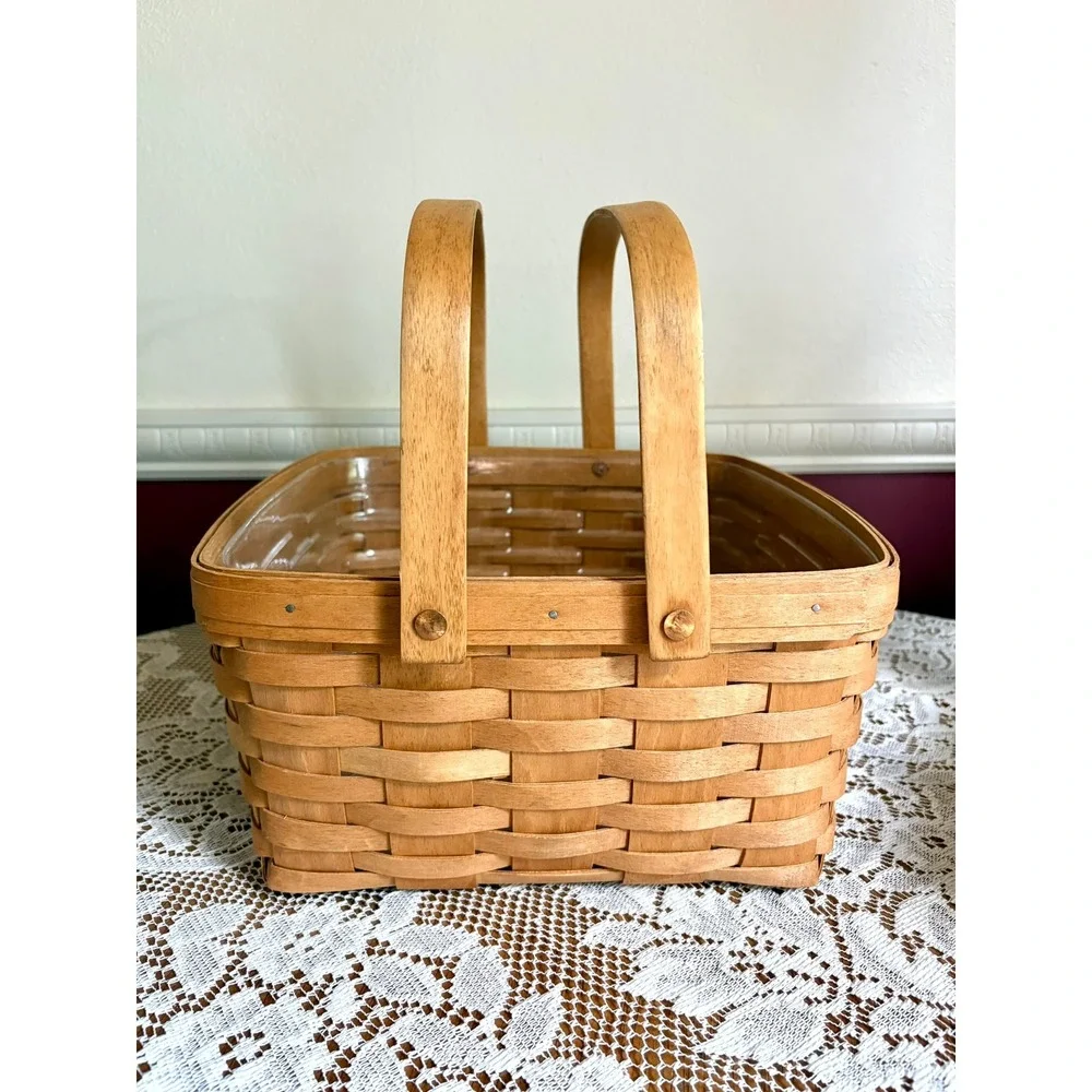 Longaberger 1992 Handwoven Square Cake Basket Dual Handle Liner USA Made 12x12x6